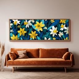 Impression florale de jonquilles : grand tableau mural décoratif horizontal de 35x105 cm