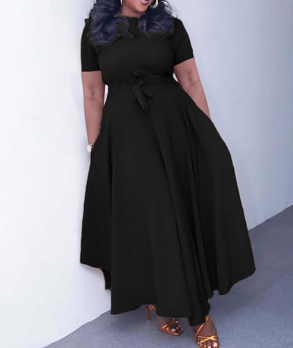 Image of SEMATOMALA Women's A Line Self Tie Waist Maxi Dress Round Neck Long Sleeve High Waist Plus Size Swing Flare Long Dresses