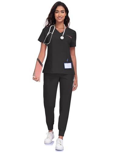JGVIC Scrubs For Women Set-V-Neck Chic and Comfortable Uniform ，Breathable Medical Scrubs Top and Jogger Pants Stretchy Nursing Work Clothes,black Women's Scrub,XXL