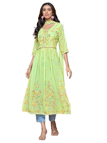 Image of EthnicJunction Women's Georgette Embroidered and Sequence Work Naira Cut Kurta and Dupatta Set