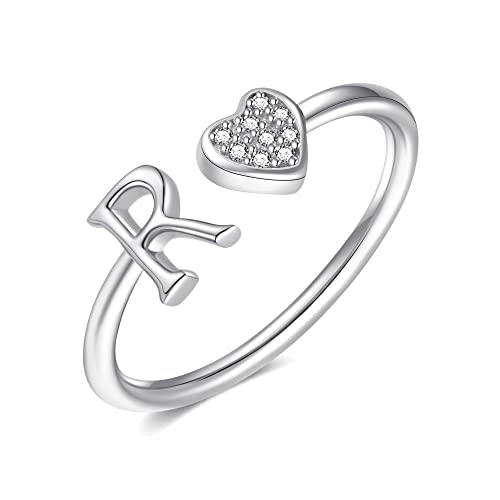 Image of Initial Rings for Teen Girls - S925 Heart Sterling Silver Rings for Teen Girls | 14K Gold /Rose Gold /Sterling Silver Plated Ring for Girls Kids Women Ring for Teenager Girls Gifts Adjustable, No Tarnish, Hypoallergenic