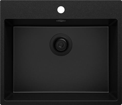 PRIMAGRAN Evier Cuisine en Granit Tout Noir 58x50cm, Lavabo 1 bac + Kit de Vidage, Évier à Encastrer al mueble 60cm - Riga S311