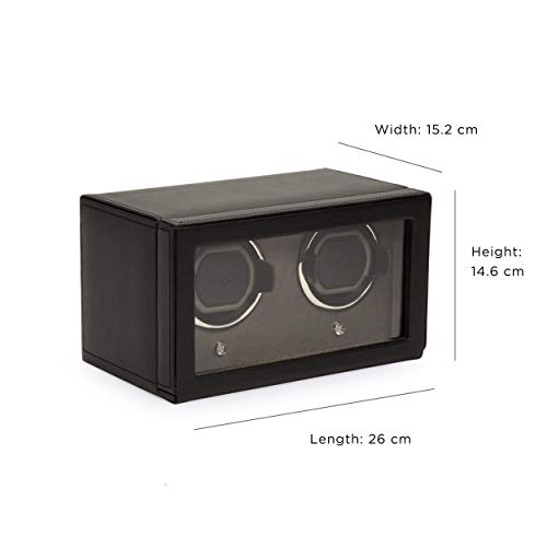 Wolf Cub Double Watch Winder with Glass Cover, Black - Secure Fit with Patented Lock-in Dynamic Cuff - Accommodates All Wrist Sizes - Vegan Leather - Includes Universal Adapter