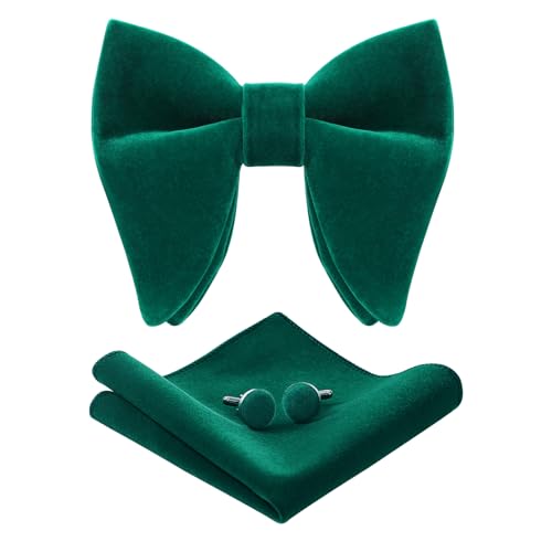 PACGOTH Set completo da uomo composto da papillon extra large pre-annodato in velluto vintage per costume, quadrato tascabile, gemelli e confezione regalo, verde