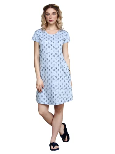 Image of Meerkat Women Short Sleeve Knee Length Cotton Knits Printed Short Nighty /Long Shirt /Midi