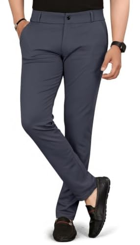 Image of Mehrang Men's Slim Fit Casual Mid Rise Trousers, Cotton Blend, Side Pockets || Classic Slim Fit Chino Pants || Business Casual Dress Trousers