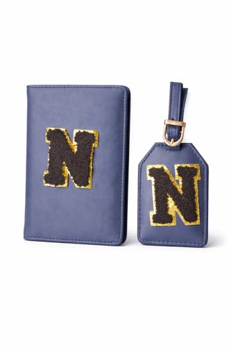 Image of PPOSH.Forever Passport Cover & Bag Tag Combo | Personalized Initial Alphabet Custom A-Z Name Initial | Fits Standard Passports | Travel GiftIdeal Travel Gift for Women, Girls & Couples (Navy Blue)