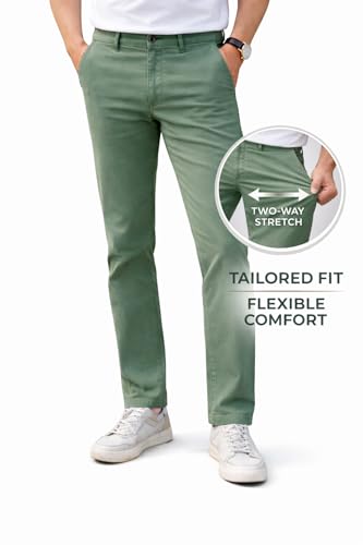 Image of DENRO Men's Slim Fit Cotton Stretch Trousers | Smart Casual & Workwear Pants for Office Use | 98% Cotton 2% Spandex Fabric | Mid-Rise Tailored Fit | Sizes 28-38