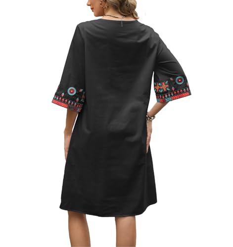 Image of Higustar Mexican Embroidered Dress Summer Cotton Bohemian Flower Peasant Traditional Mexico Fiesta Boho Dresses for Women