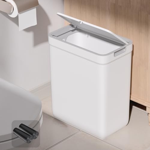 O-MART Small Slim Bathroom Trash Can with Lid, Press Top, Pet Proof Odor Seal, No Battery, Narrow Garbage Bin for Home Office RV, 4 Gallon,White,with 2 Rolls of Trash Bags.