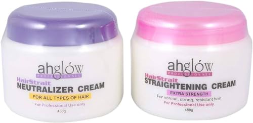 XL AHGLOW Hair Straightening & Rebonding Set with Keratin Relaxer. Complete System that Straightens Wavy, Curly, Frizzy Hair the Smooth, Silky, Shiny Way! 480gm Neutralizer and Straightening Creams