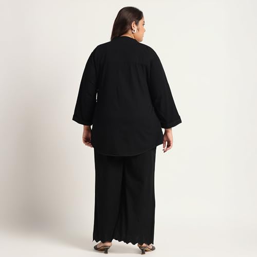 Image of Women's Solid Denim Co-Ord Set | Mandarin Collar Button Placket Top with Wide Leg Pants | Relaxed Fit Casual Daily Wear Two Piece Outfit