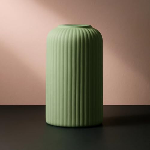 Image of SPHINX Ribbed Pipe Ceramic Vase for Flowers, Pampas Grass, or Live Plants | Decorative Home & Office Centerpiece Gift - No Flowers- (Olive Green, 6 Inch)