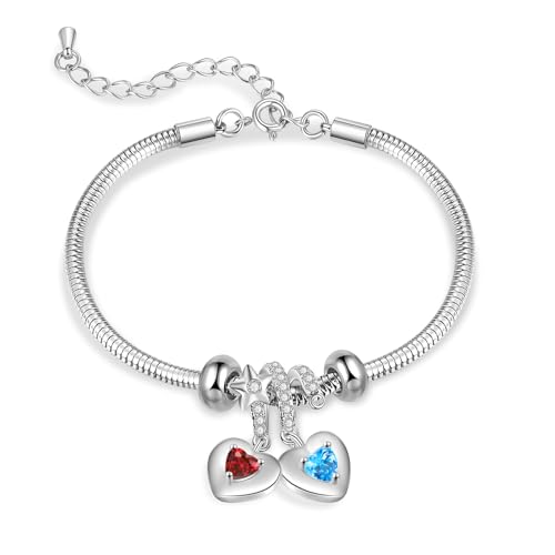 Image of Mom Bracelet Mothers Day Gifts Personalized 2 Birthstone Bracelets for Women Custom 2 Names Bracelets for Her Mothers Bracelet Jewelry for Wife