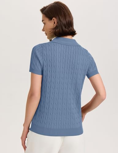 Image of Micoson Womens Short Sleeve Sweater Tops Lapel V Neck Polo Shirts 2026 Summer Cable Knit Loose Blouse Business Casual Outfits