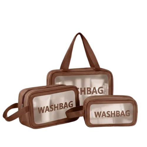 Clear Travel Toiletry Bag Set of 3, Waterproof PVC Makeup Organizer with Zipper, TSA Approved Cosmetic Pouches, Large Medium Small Wash Bags for Women, Men & Travel (Brown)-image-38