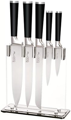 Kitchen Knife Set Block Knives - Stone boomer 6 Piece Black Handle Stainless Steel - 8" Chef, 8" Bread, 8" Carving, 5" Utility, 3.5" Paring, Stand, Razor Sharp!!!