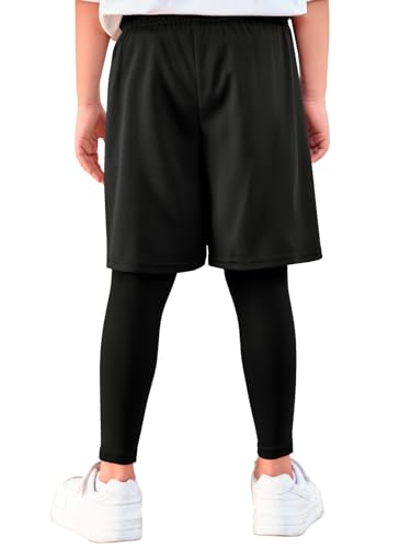Haloumoning Boys Sports Leggings With Shorts Kids 2 In 1 Running Workout Athletic Legging Pants 5-14 Years Black thumb #5