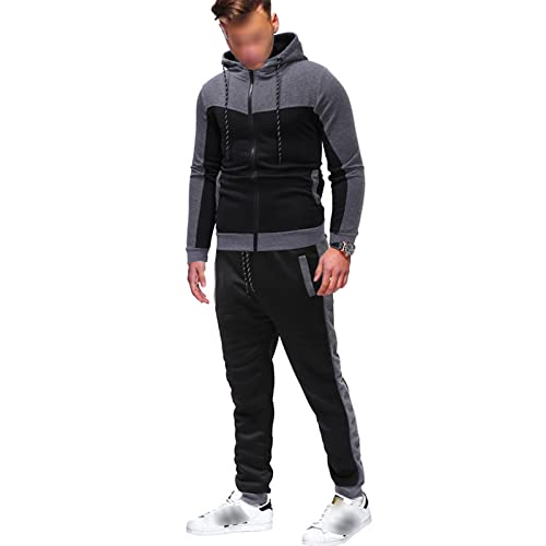 Zukmuk Chándal para hombre con capucha de manga larga + pantalón conjunto para deporte casual, gris y negro., XXXL Cover