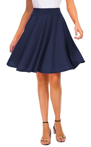 EXCHIC Women's Casual Stretchy Flared Midi Skater Skirts Basic A-Line Pleated Midi Skirt (L, Navy)