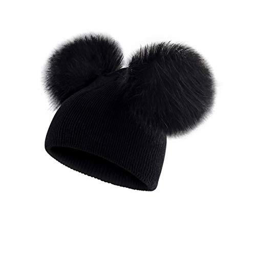 Chapeau avec double boule de fourrure bébé tricoté, le cadeau de naissance idéal pour l'hiver