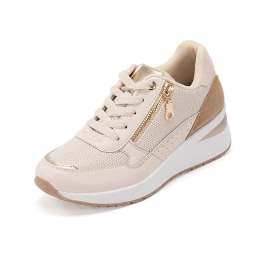 JOMIX Zapatillas Mujer Casuales con Plataforma Deportivas con Cremallera Decorativa Zapatos Cuña WSC250522-7, Beige, 37 EU
