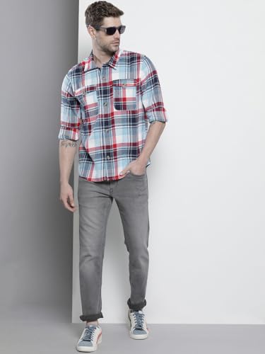 Image of The Indian Garage Co Men Regular Fit Checkered Full Sleeves Spread Collar Double Flap Pocket Casual Over Shirt