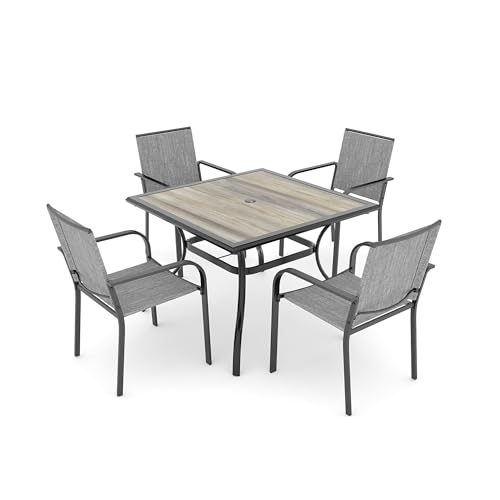 Image of Anmutig 5-Piece Outdoor Patio Dining Set 37 Inch Square Wooden-Like PVC Table with 4 Stackable Chairs for Garden Backyard Grey