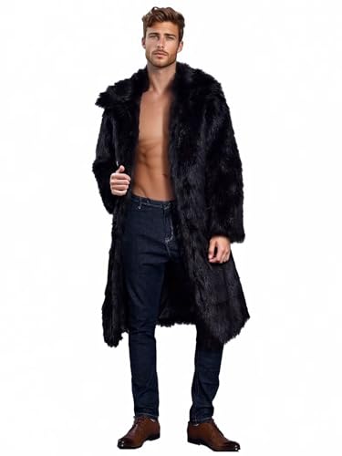 Image of FTIMILD Men's Long Faux Fur Coat Single Breasted Warm Winter Trench Coat Fluffy Thick Overcoat