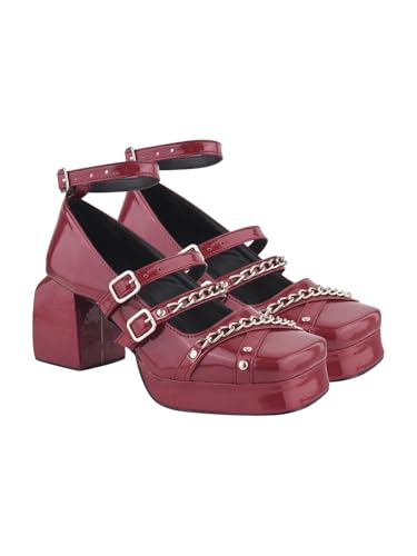 Image of TRYME Women's Ankle Buckle Strap Mary Jane with Chain Chunky Block Heel Sandals