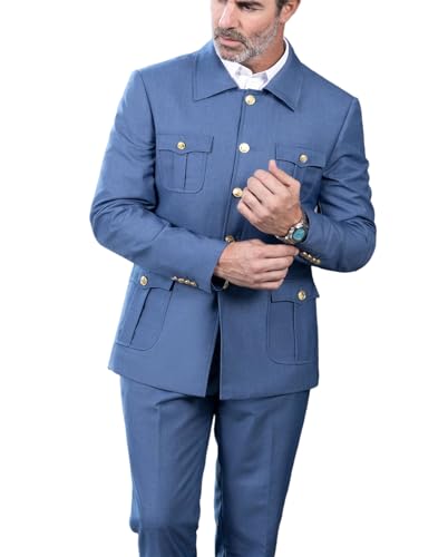 Men's Suit Stand Collar Traditiona Chinese Suit Slim Fit 2 Piece Suits Metal Button Blazer Pant Set