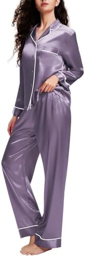 LONXU Silk Satin Womens Pajama Sets Button Down Sleepwear Loungewear XS~3XL