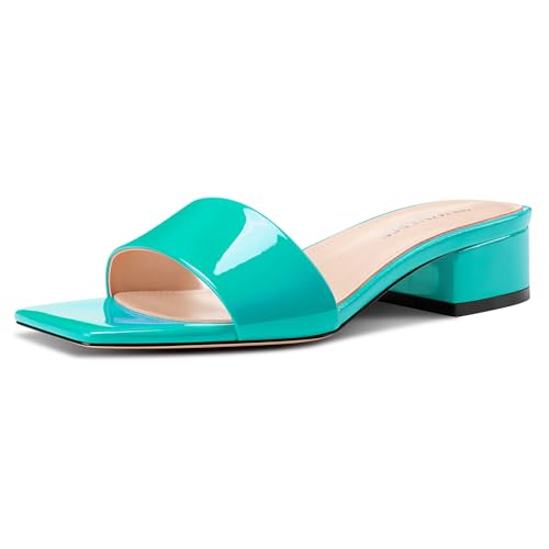 Image of TNYNFBEB Womens Chunky Block Low Heel Open Square Toe Sandals Mules Shoes Slip-on Prom Party Dress Patent Leather 1.4 Inches Heels