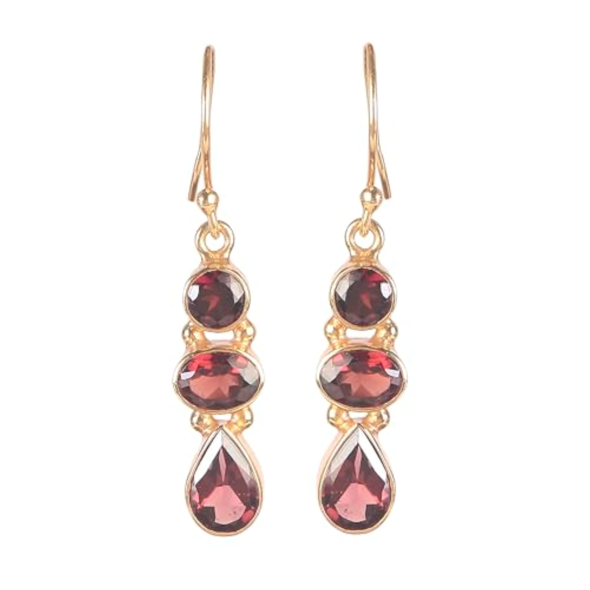 Women's 925 Sterling Silver Garnet Earrings, Red Gemstone
