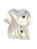 Verdusa Women's 3D Floral Textured T Shirts Short Sleeve Tops Slit Basic Tees Boho Chic Clothing Beige Large