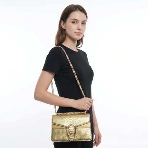 Image of Crossbody Shoulder Square Purse For Women - Fashion Embossed Snake-Print Leather Handbag Metal Chain satchel Tote Bag