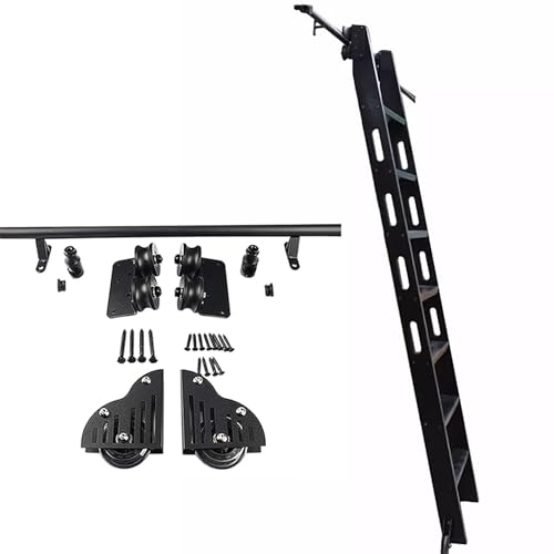 Kit de herrajes para escalera deslizante que soluciona el acceso a estantes altos con riel 2