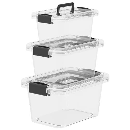 Cetomo Aufbewahrungsboxen, Aufbewahrungsbox mit Deckeln und Griff, stapelbare & ineinander schachtelbare Kunststoffbehälter für Zuhause, Wohnheim und Büro, Transparent, 6L 10L 18L-3er Pack