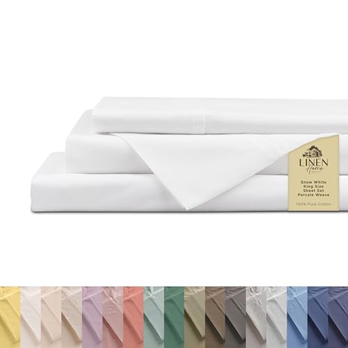 Linen Home 100% Cotton Percale Sheets King Size, Snow White, Deep Pocket, 4 Pieces Set - 1 Flat, 1 Deep Pocket Fitted Sheet and 2 Pillowcases, Crisp Cool and Strong Bed Linen