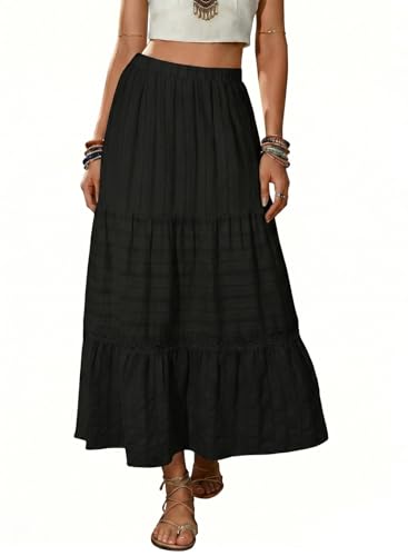 BLENCOT Black Long Skirts for Women Boho Tiered Maxi Skirt Cotton Gypsy Hippie Style Crochet Lace Skirt Small