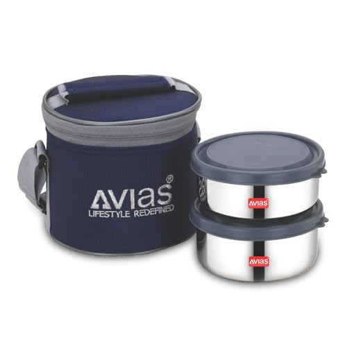 Image of AVIAS Freshia Stainless Steel Lunch Box /Horizontal Tiffin Box / 4 Containers /Round Tiffin Box /Light-Weight Boxes /Air-Tight Lids /Horizontal Lunch Box for Office / 200ml, 200ml, 300ml, 300ml