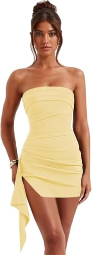 Loyeloy Short Homecoming Dresses for Teens 2025 Silk Satin Strapless Bodycon Ruffles Sheath Prom Dress with Slit