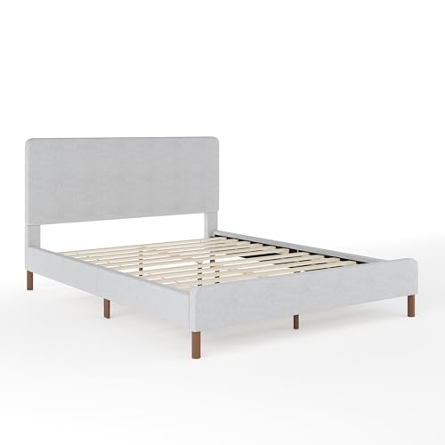 Image of Martha Stewart Britta Platform Bed with Headboard & Footboard, Faux Linen Upholstery with Piping Detail, Rounded Headboard, No Box Spring Needed, Queen, Gray