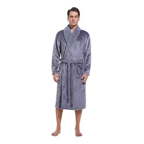 Men‘s Shawl Collar Fleece Robe,Soft Warm Long Bathrobe for men,Lightweight Spa Male Robe