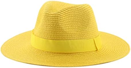 BRU-URB Men Women Bucket Sun Hat Ribbon Band Jazz Cap Fedoras Fashion Straw Summer Panama Hat Outdoor Bucket Cap Yellow, 6 7/8-7 3/8