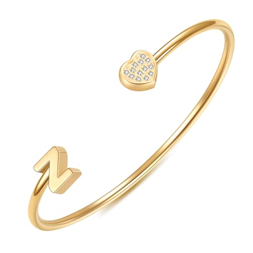 Image of VQYSKO Heart Initial Cuff Bracelets for Woman-CZ Stainless Steel Adjustable Open Bracelet Woman Jewellery,Birthday Gifts for Woman
