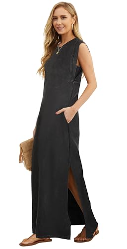 Image of GRECERELLE 2026 Women Year-Round Casual Round Neck Loose Split Wrinkle-Free Long Maxi Vacation Dress with Pockets (XXS-4XL)