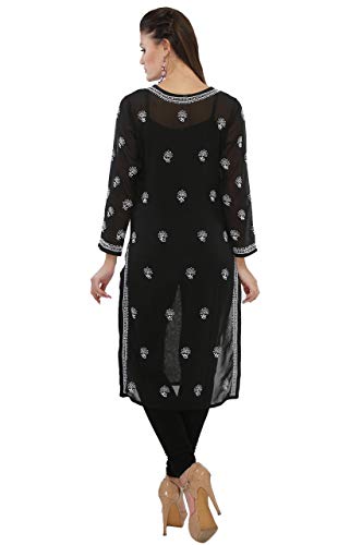 Image of Ada Lucknow Chikankari Hand Embroidered Faux Georgette Kurta Kurti Tunic Dress for Women A95504
