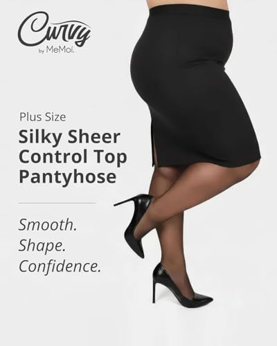 Image of MeMoi Plus Size Curvy Control Top Pantyhose for Women, Comfortable Silky Sheer Pantyhose, Lightweight Womens Stockings