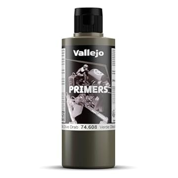 Vallejo Acrylic Primer Olive Drab, Fast-Drying 200ml for Airbrush, Ideal for Modeling and Miniatures, Smooth Finish, Easy Application